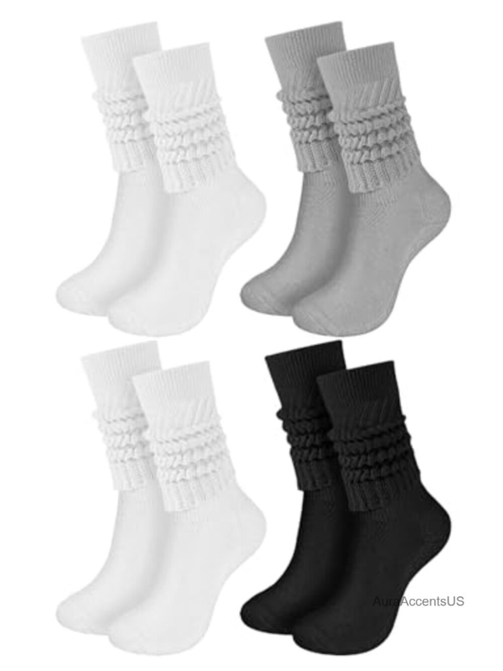 Slouch Knee High Socks 4 Pairs Scrunchie Cotton Knit Women Girls Retro